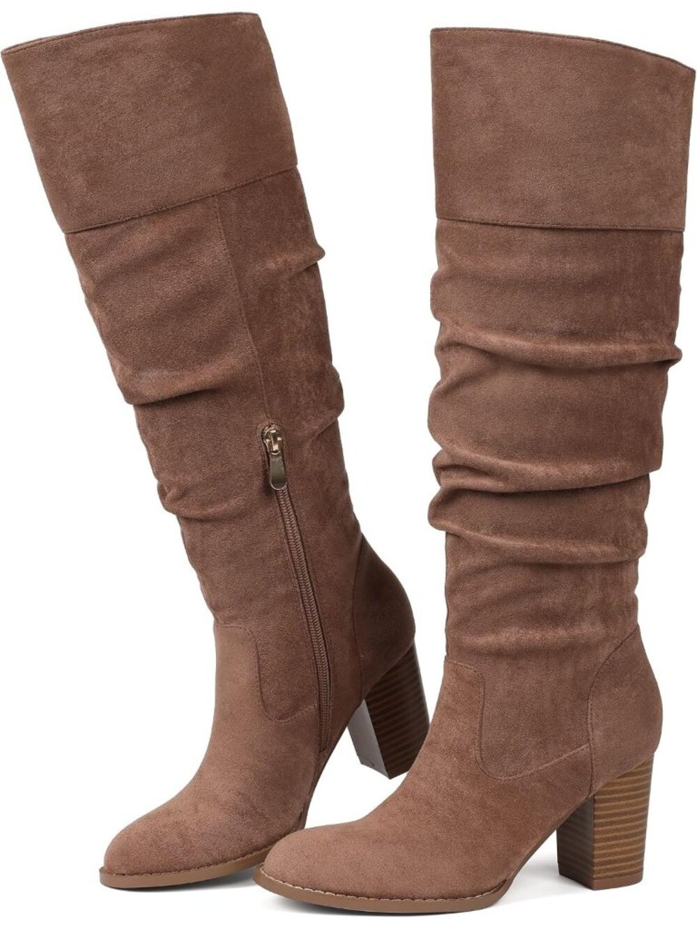🆕Women Chocolate Suede Slouch Knee High Boots Round Toe Chunky Block Heel Shoes